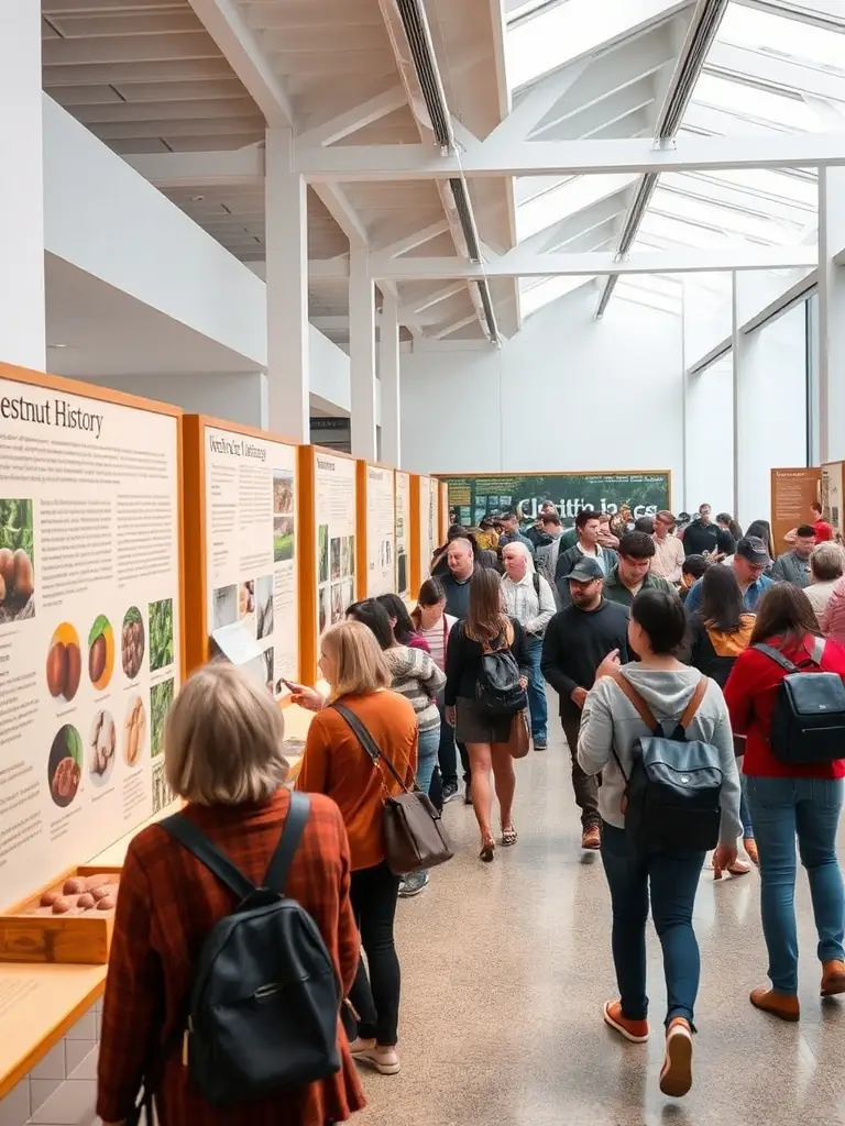 A photograph of visitors exploring an exhibition at MAISON DE LA CHATAIGNE, featuring displays about the history and cultural significance of chestnuts in the region.
