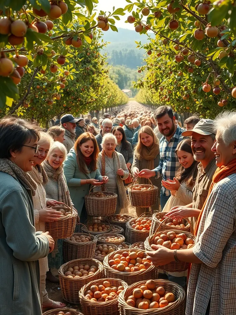 A photograph of community members participating in a chestnut harvesting event organized by MAISON DE LA CHATAIGNE, fostering community spirit and preserving traditional practices.
