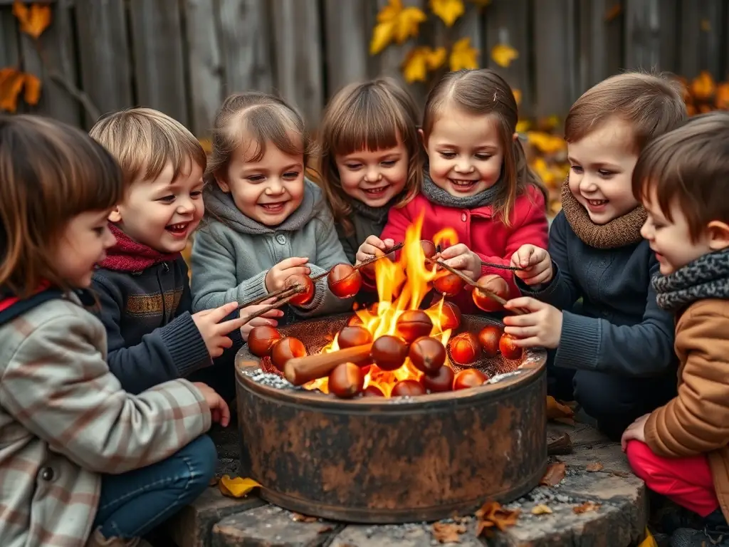A group of children participating in a chestnut roasting workshop, smiling and engaged, with a focus on hands-on learning and traditional methods.