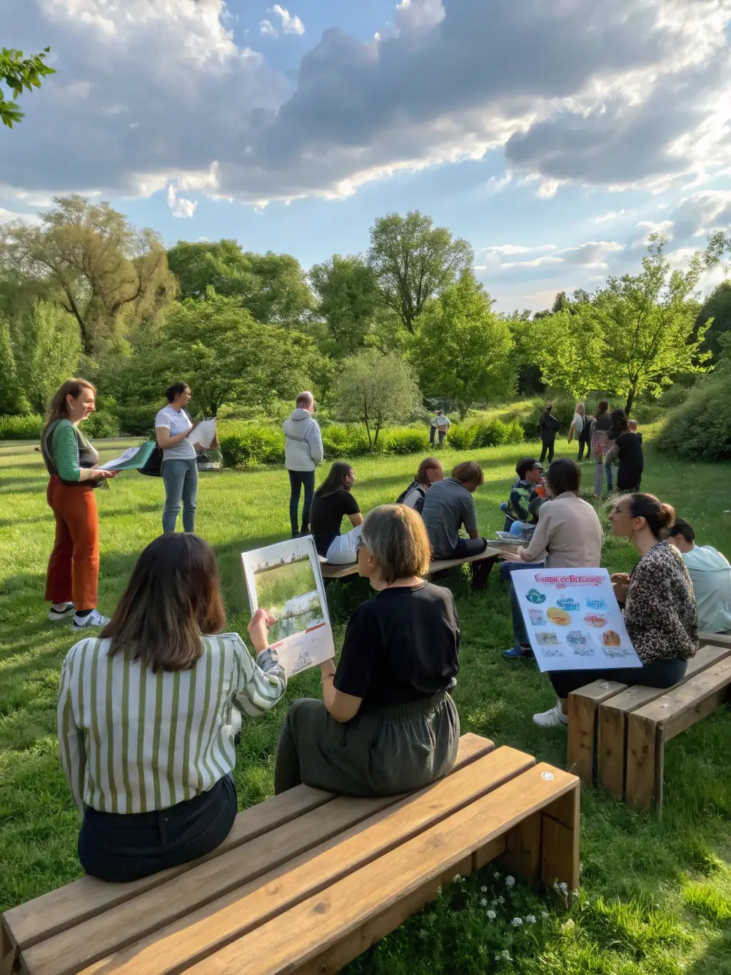 A photograph of participants in an educational program at MAISON DE LA CHATAIGNE, learning about the environmental benefits of chestnut trees and sustainable practices.