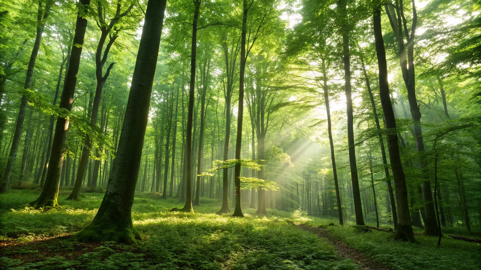 A lush green forest with sunlight filtering through the leaves, symbolizing MAISON DE LA CHATAIGNE's commitment to environmental preservation.