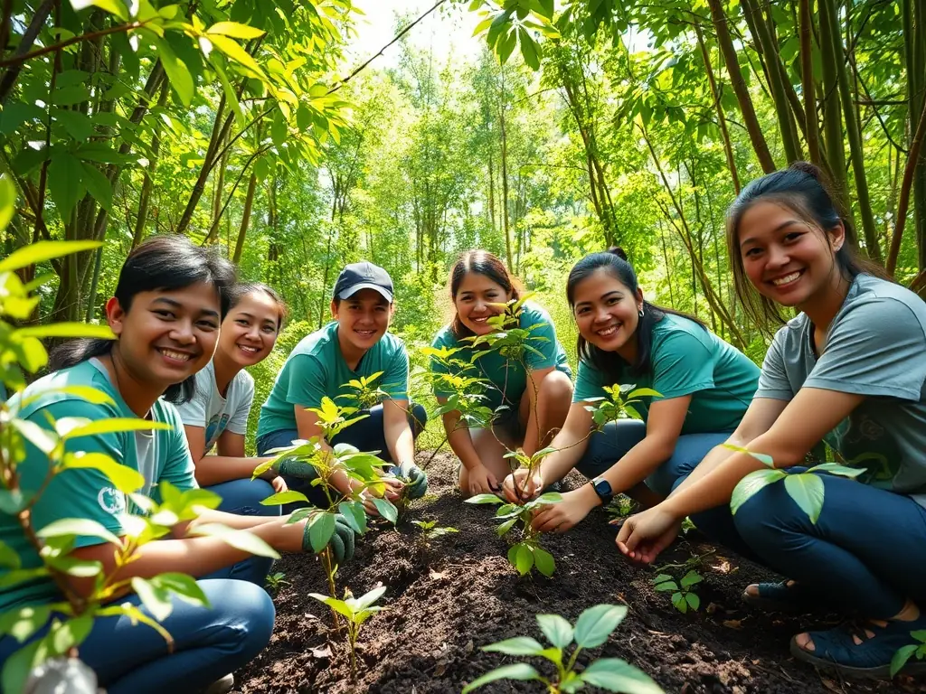 Volunteers planting trees in a local forest, demonstrating MAISON DE LA CHATAIGNE's commitment to environmental stewardship and community involvement.