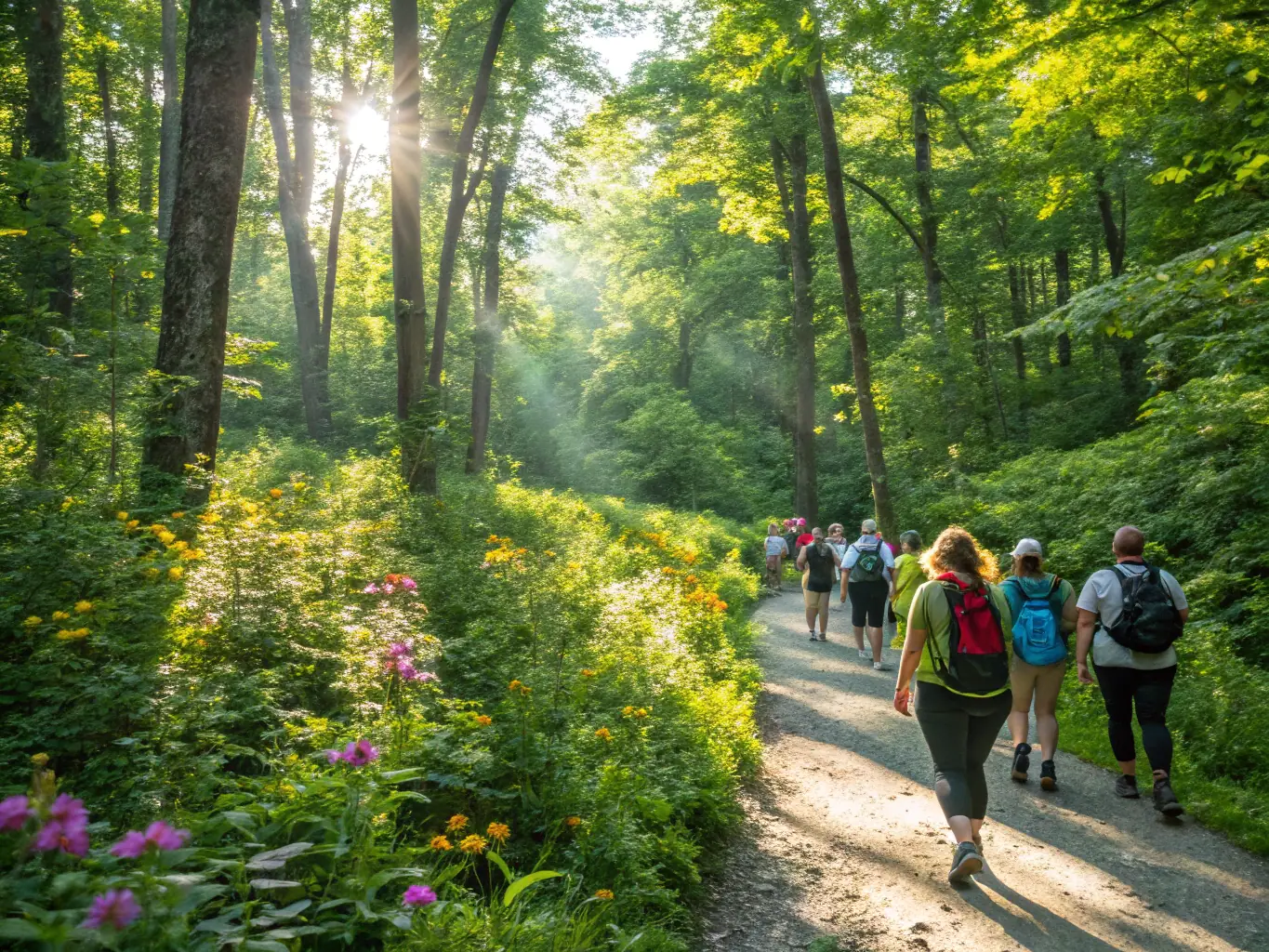 A photograph of participants on a guided nature walk, identifying local flora and fauna, with an emphasis on environmental education and conservation.